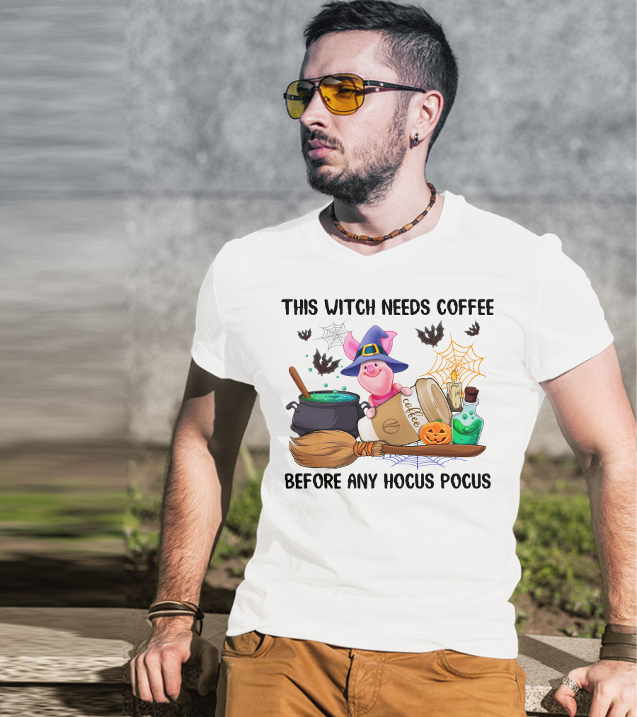 This Witch Needs Coffee Before Any Hocus Pocus Piglet Pumpkin Bats Potions T-Shirt