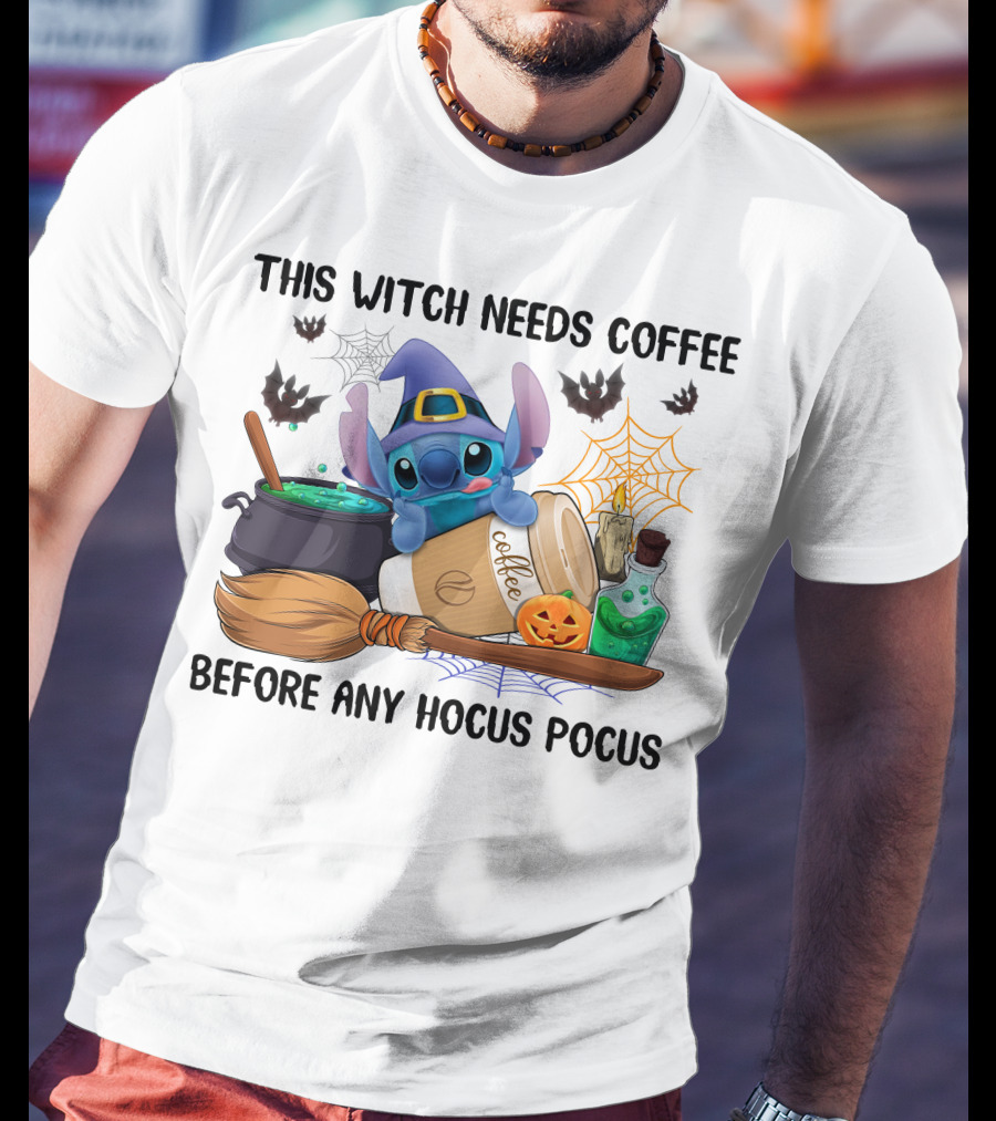 This Witch Needs Coffee Before Any Hocus Pocus Stitch Halloween T-Shirt