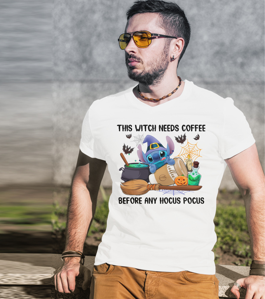 This Witch Needs Coffee Before Any Hocus Pocus Stitch Halloween T-Shirt