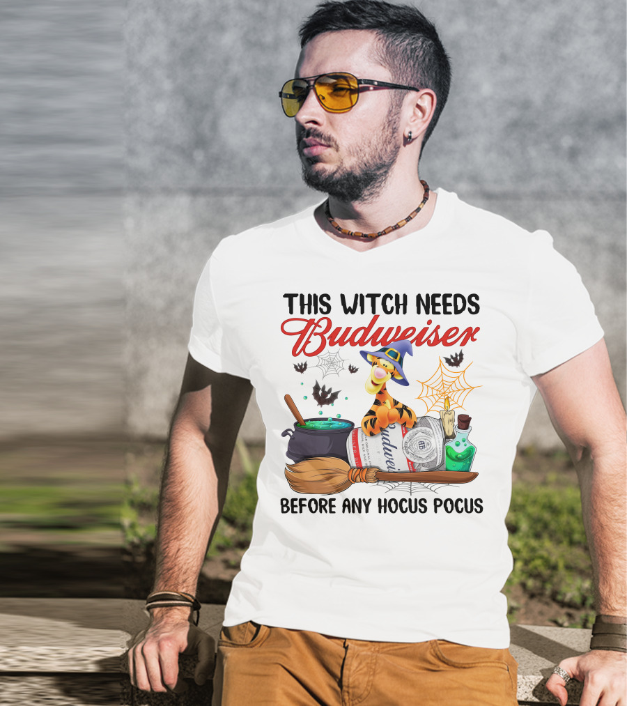 This Witch Needs Budweiser Before Any Hocus Pocus Tigger Halloween Fiesta T-Shirt