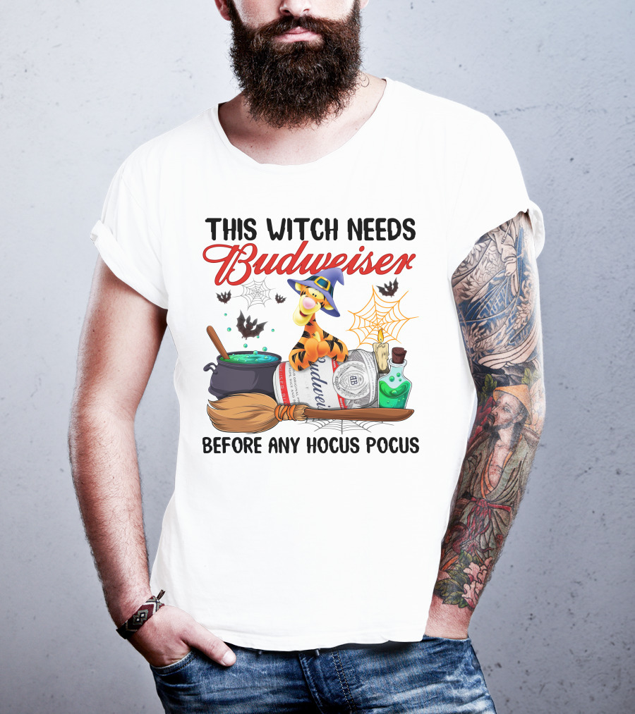 This Witch Needs Budweiser Before Any Hocus Pocus Tigger Halloween Fiesta T-Shirt