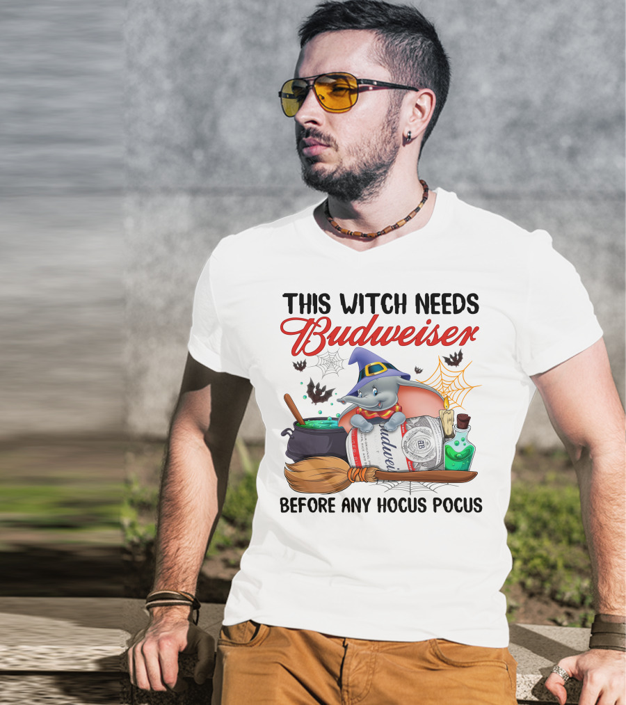 This Witch Needs Budweiser Before Any Hocus Pocus Dumbo Halloween T-Shirt