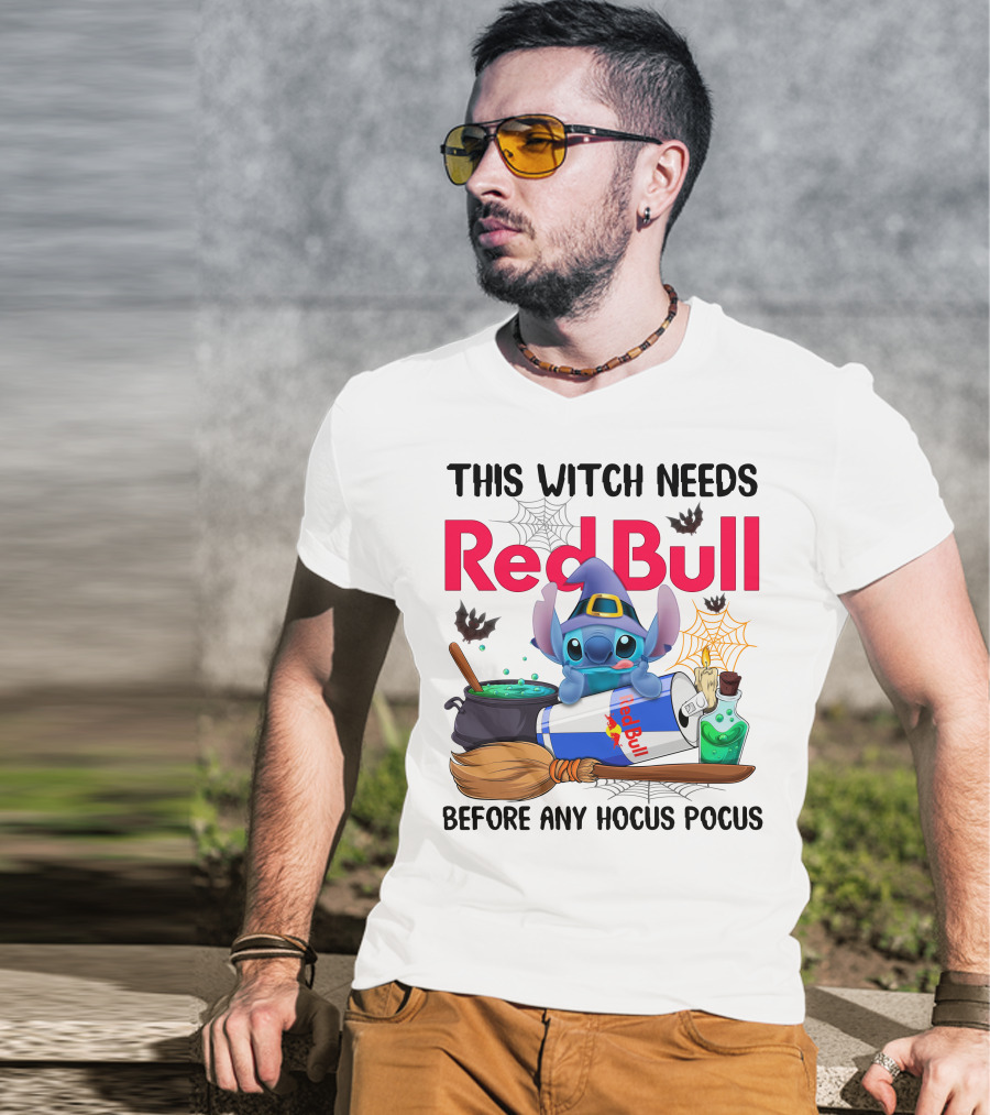 This Witch Needs Red Bull Before Any Hocus Pocus Stitch Wearing Witch Hat With Red Bull Can Cauldron And Spell Book T-Shirt