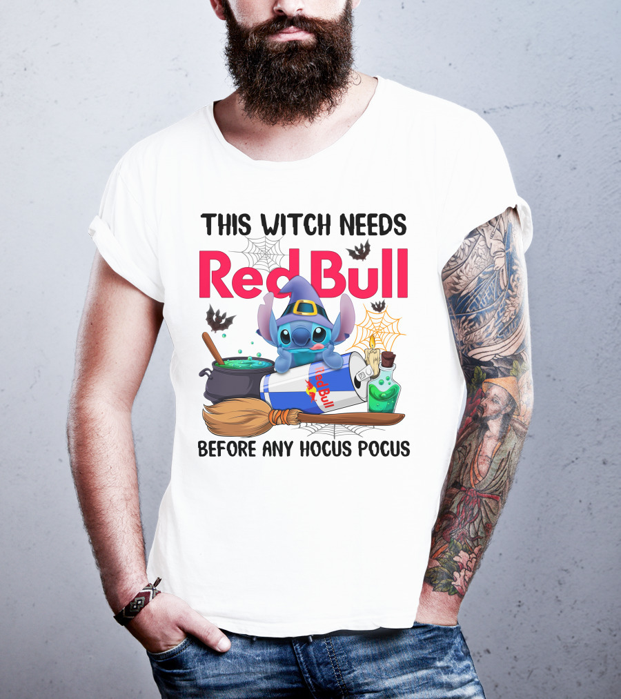 This Witch Needs Red Bull Before Any Hocus Pocus Stitch Wearing Witch Hat With Red Bull Can Cauldron And Spell Book T-Shirt