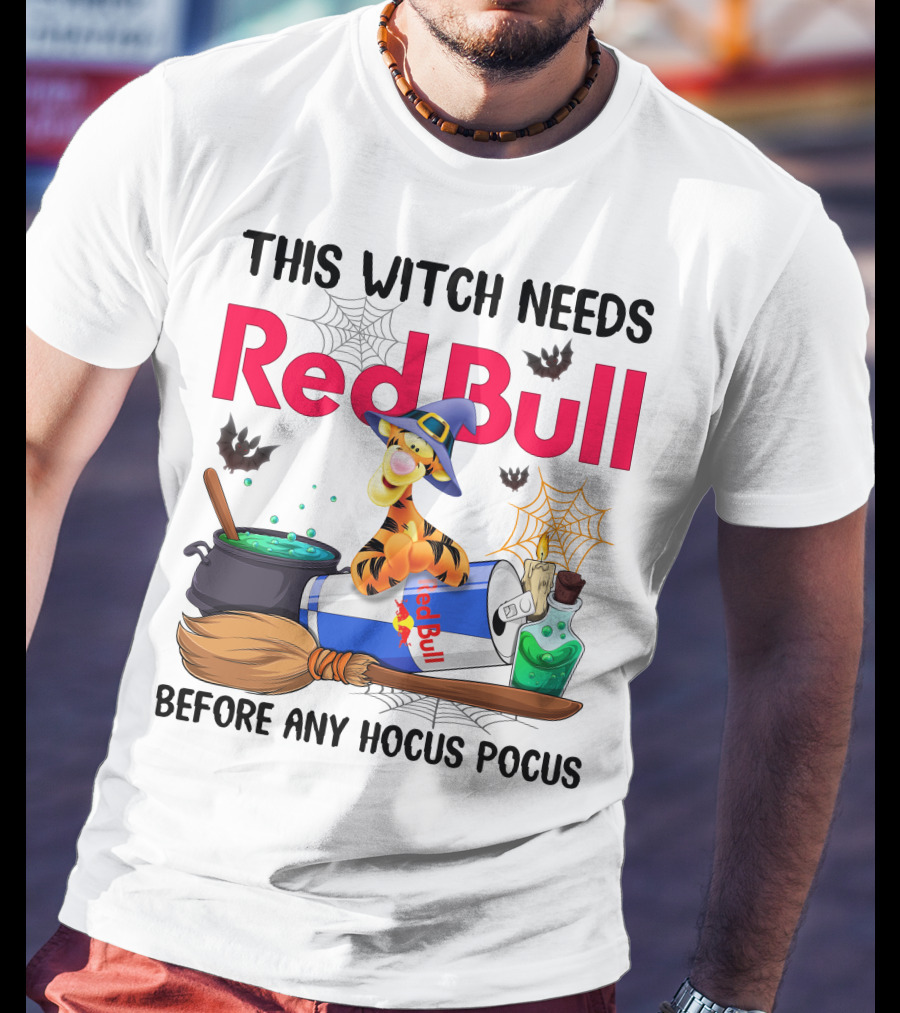 This Witch Needs Red Bull Before Any Hocus Pocus Tigger With Witch Hat And Red Bull Can T-Shirt