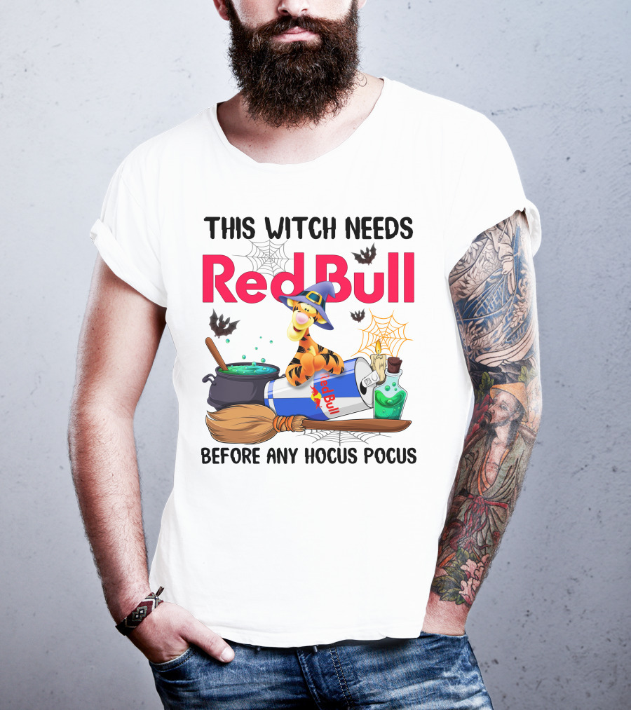 This Witch Needs Red Bull Before Any Hocus Pocus Tigger With Witch Hat And Red Bull Can T-Shirt