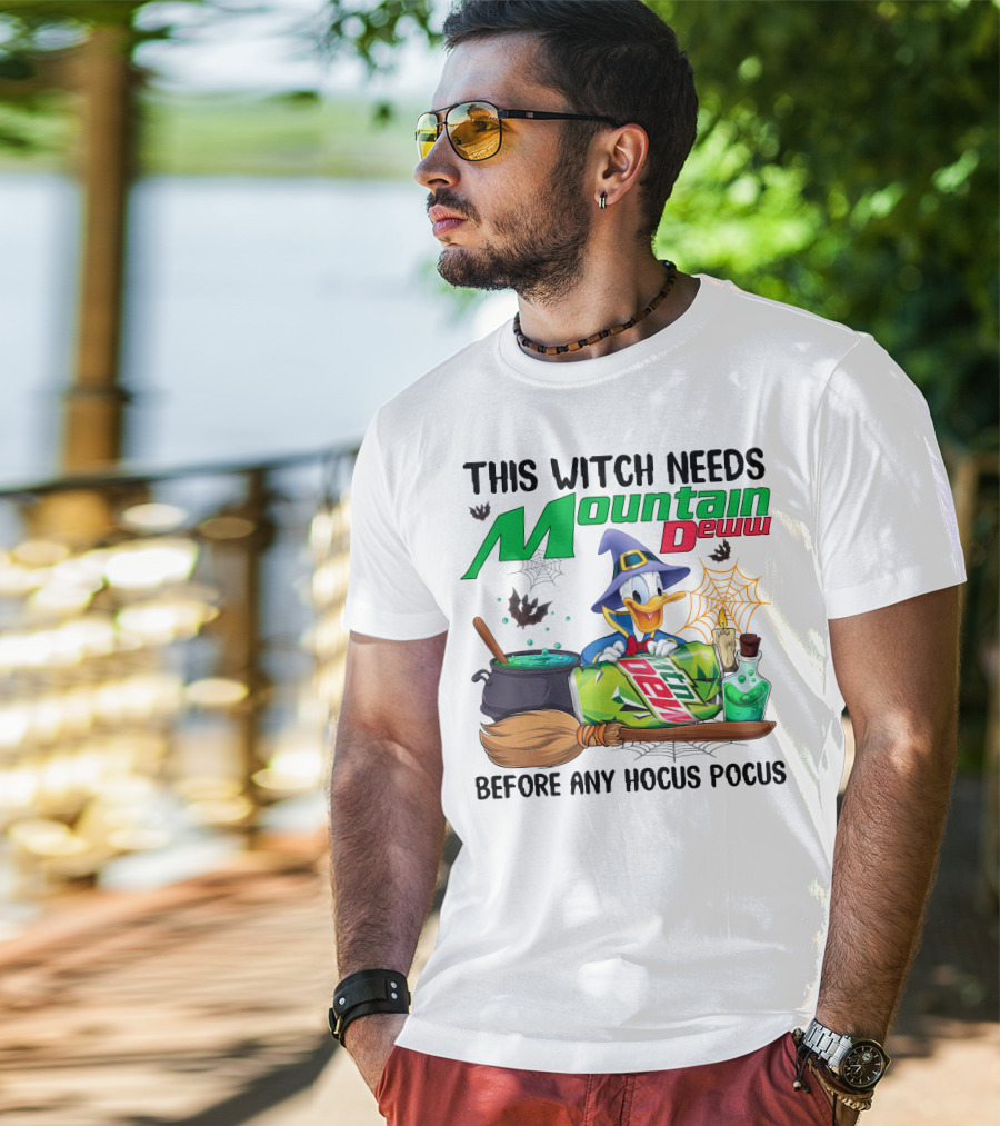 This Witch Needs Mountain Dew Before Any Hocus Pocus Donald Duck Witch Hat Cauldron Broom Potion T-Shirt