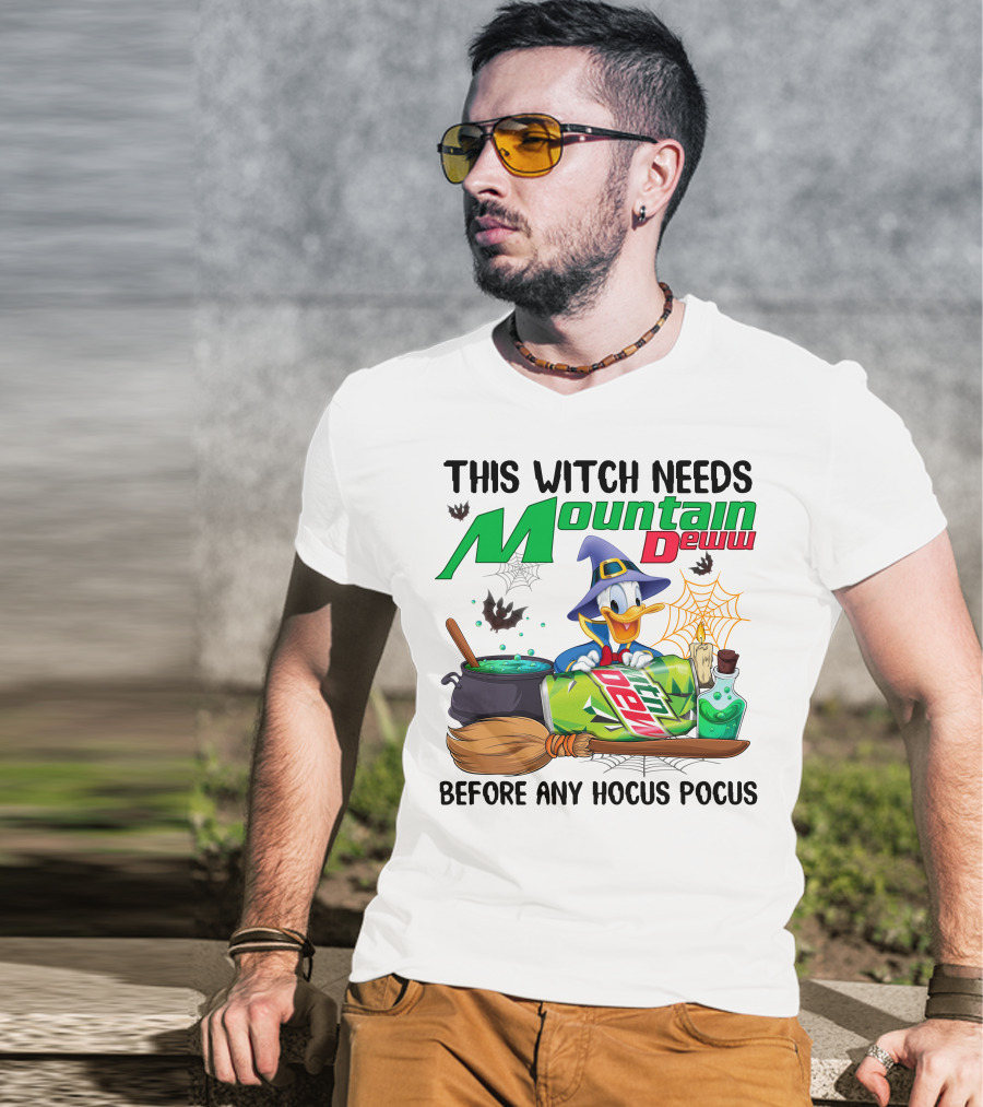 This Witch Needs Mountain Dew Before Any Hocus Pocus Donald Duck Witch Hat Cauldron Broom Potion T-Shirt