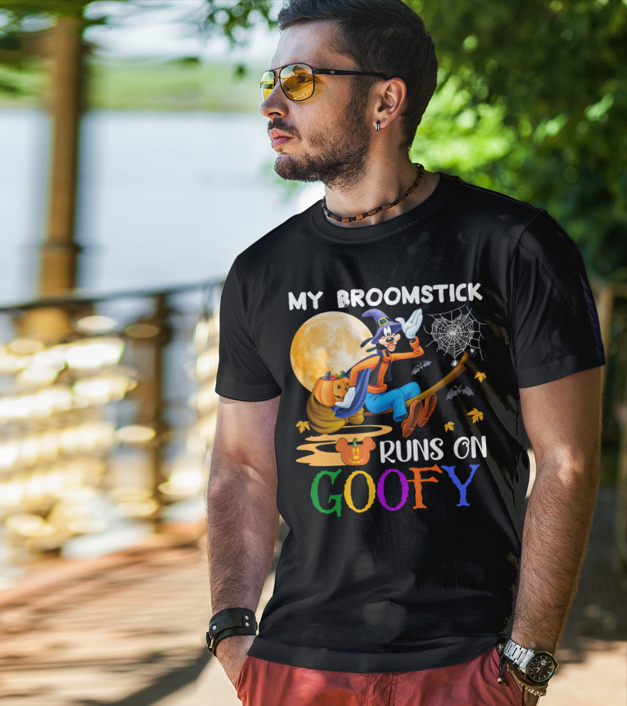 My Broomstick Runs On Goofy Halloween Moon Pumpkin Spiderweb T-Shirt