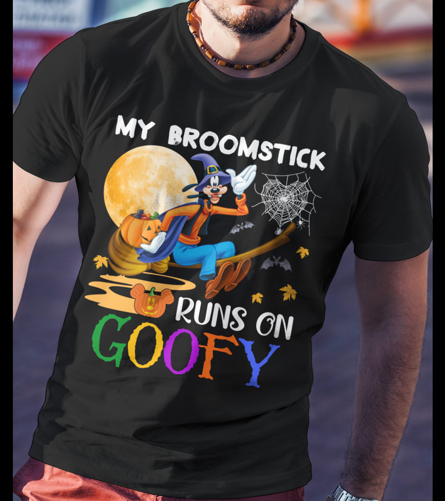 My Broomstick Runs On Goofy Halloween Moon Pumpkin Spiderweb T-Shirt