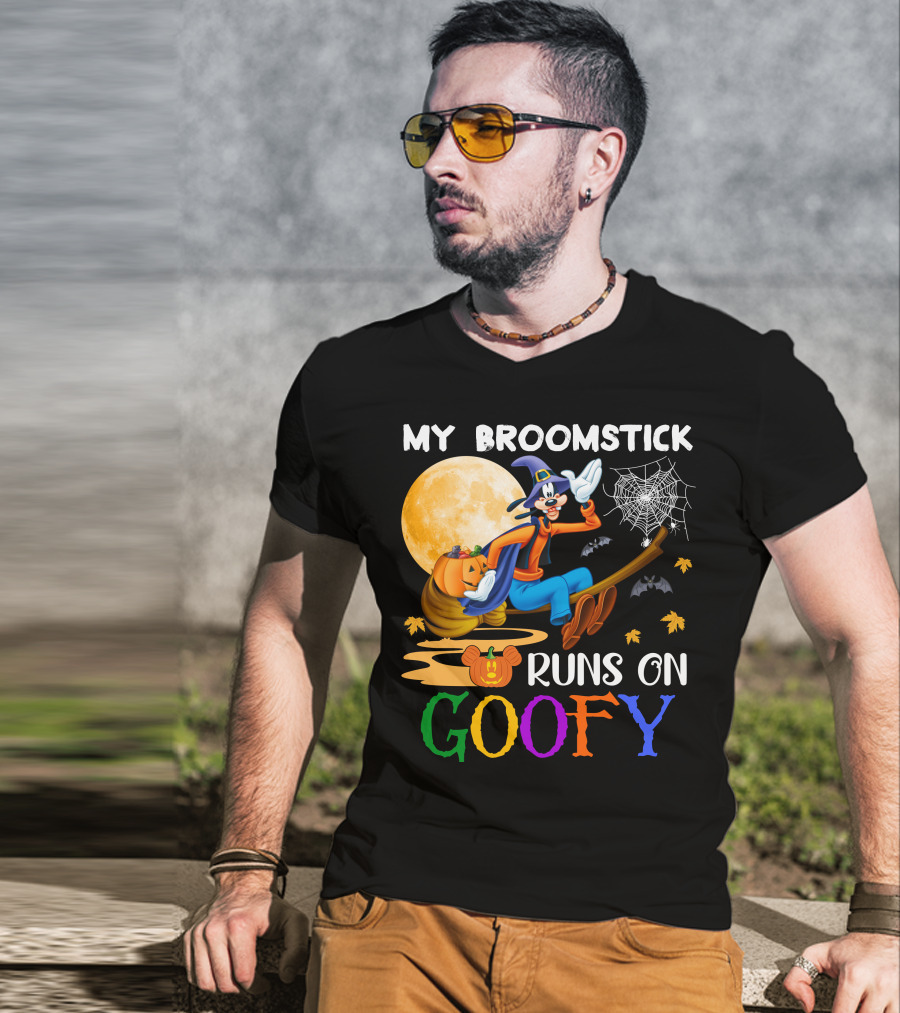 My Broomstick Runs On Goofy Halloween Moon Pumpkin Spiderweb T-Shirt