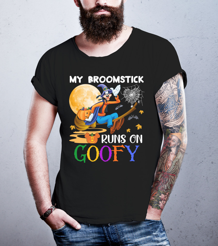 My Broomstick Runs On Goofy Halloween Moon Pumpkin Spiderweb T-Shirt