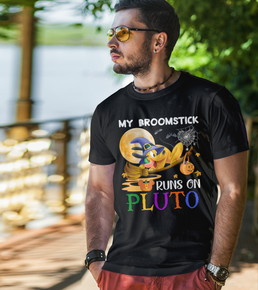 My Broomstick Runs On Pluto Halloween Moon Bats Spider Web Pumpkin T-Shirt