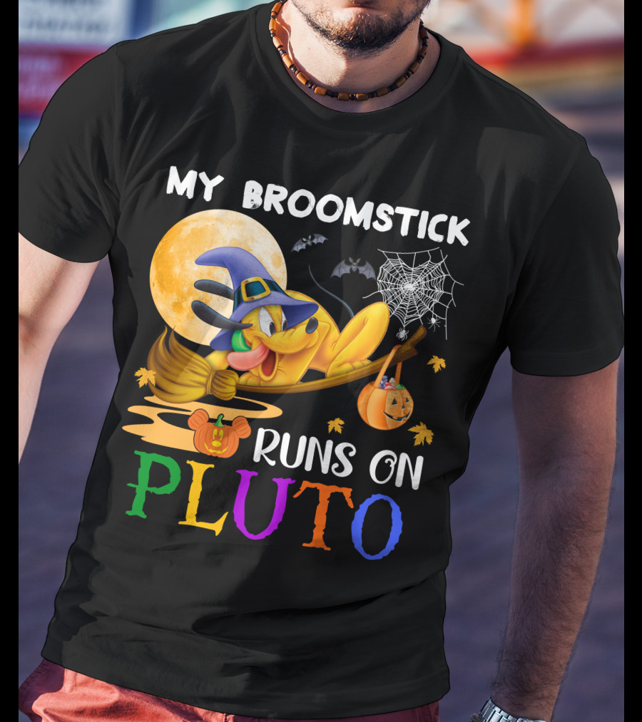 My Broomstick Runs On Pluto Halloween Moon Bats Spider Web Pumpkin T-Shirt