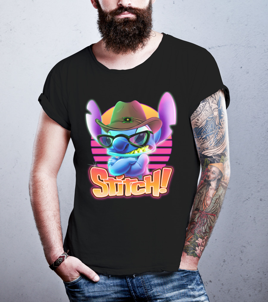 Stitch Neon Cowboy Style With Sunglasses And Retro Sunset T-Shirt