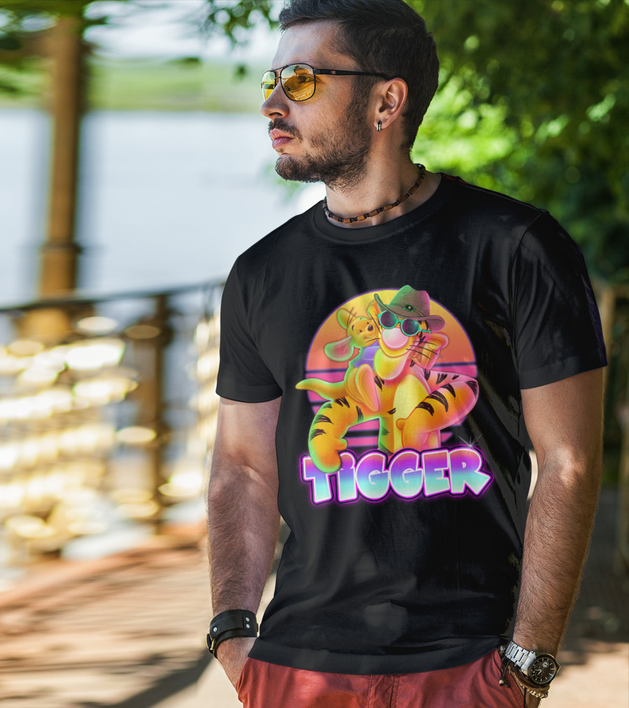 Tigger Retro Sunset Style With Piglet And Cool Hat T-Shirt