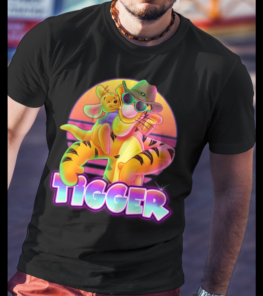Tigger Retro Sunset Style With Piglet And Cool Hat T-Shirt