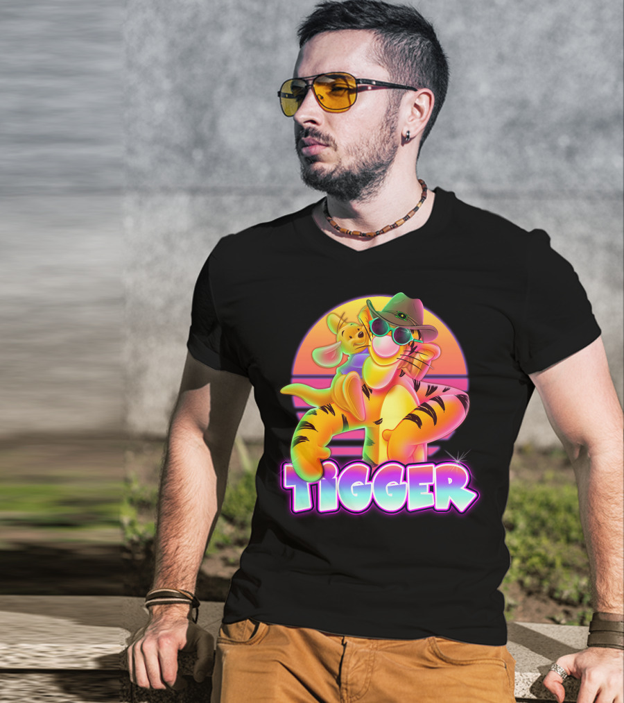 Tigger Retro Sunset Style With Piglet And Cool Hat T-Shirt