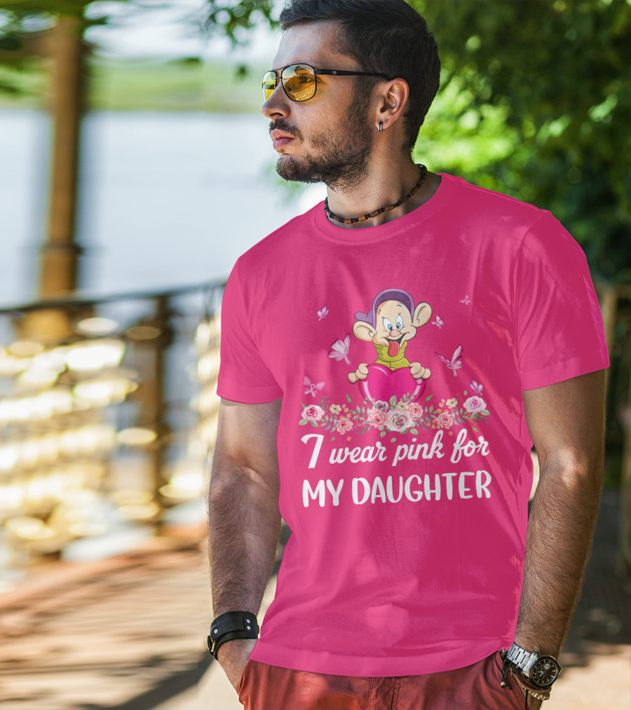 I Wear Pink For My Daughter Dopey Holding Heart With Butterflies And Flowers T-Shirt