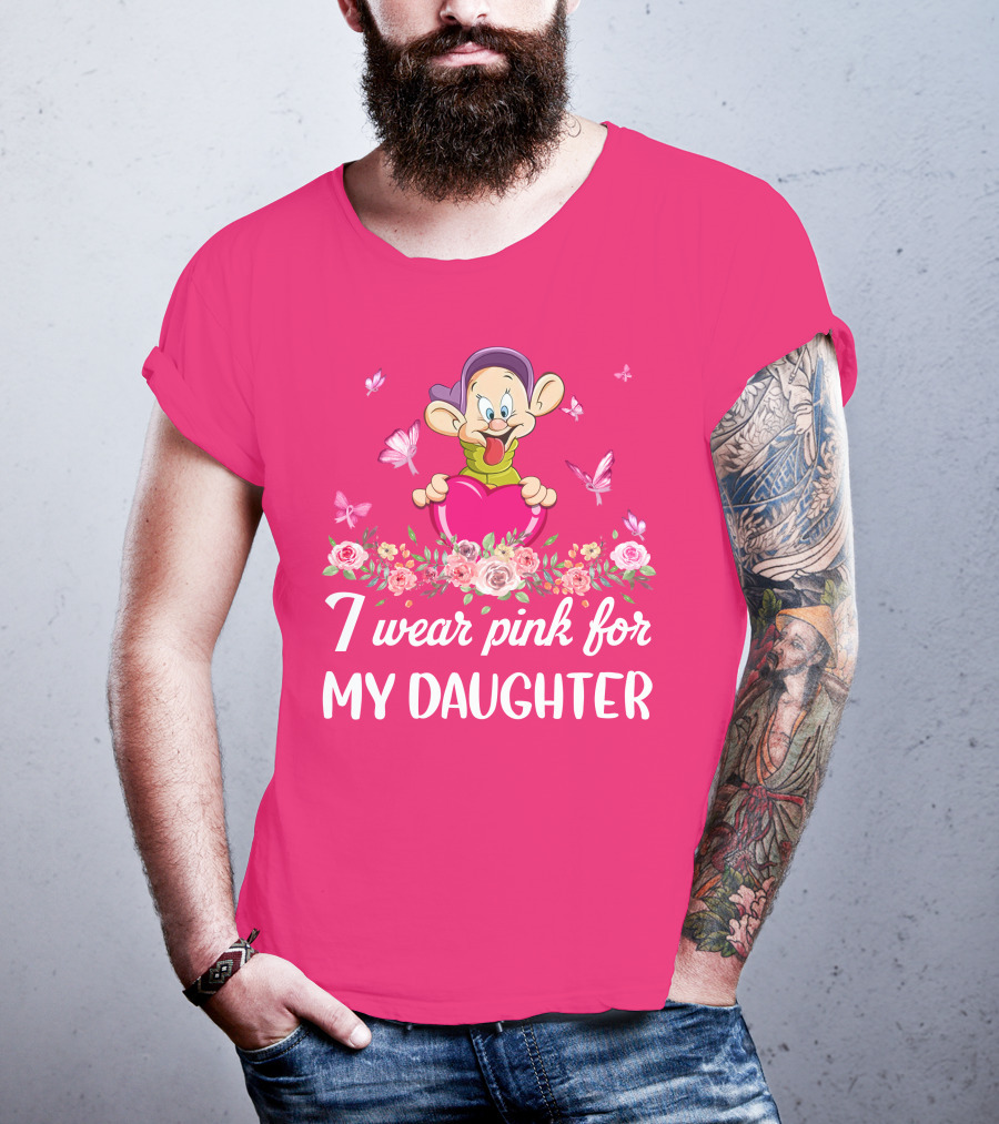 I Wear Pink For My Daughter Dopey Holding Heart With Butterflies And Flowers T-Shirt
