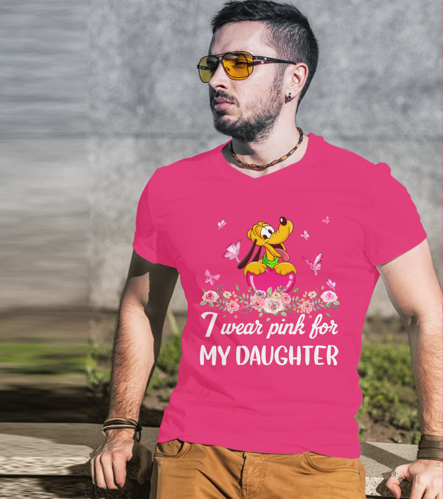 I Wear Pink For My Daughter Pluto Disney Floral Butterflies T-Shirt