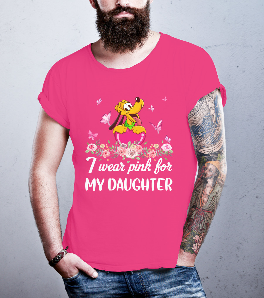 I Wear Pink For My Daughter Pluto Disney Floral Butterflies T-Shirt