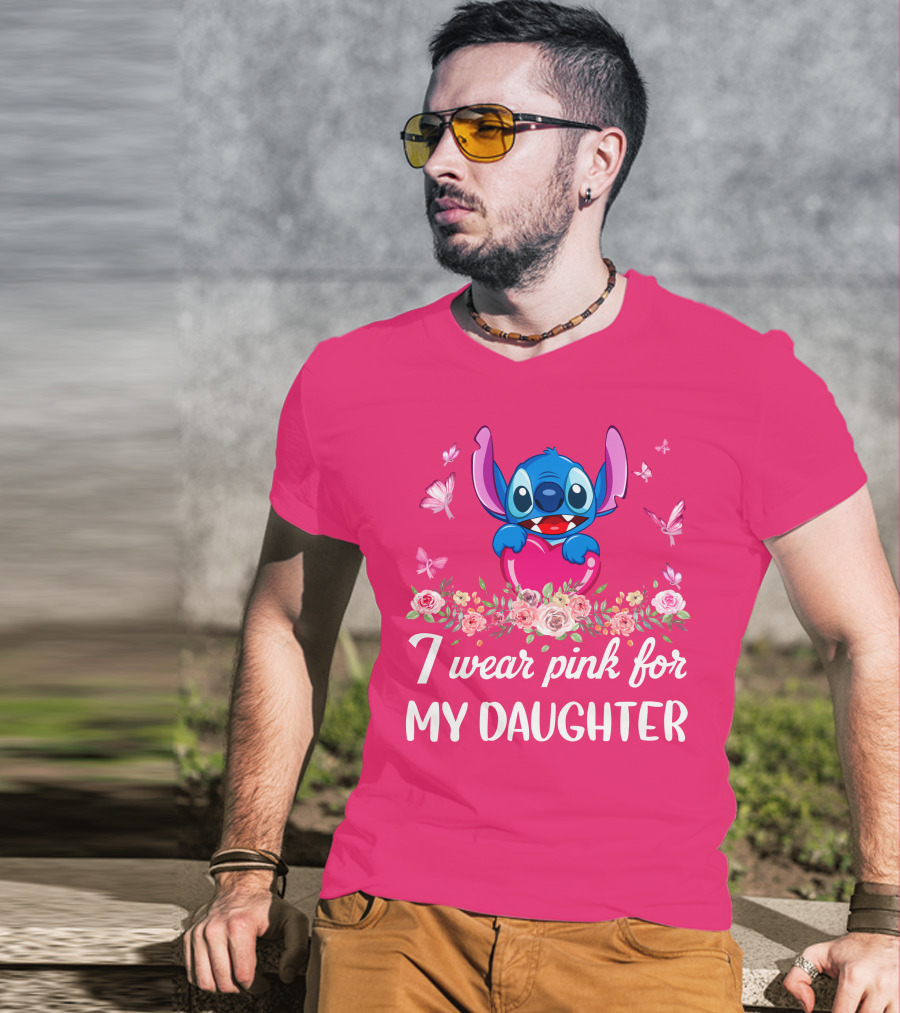 I Wear Pink For My Daughter Stitch Butterfly Roses T-Shirt