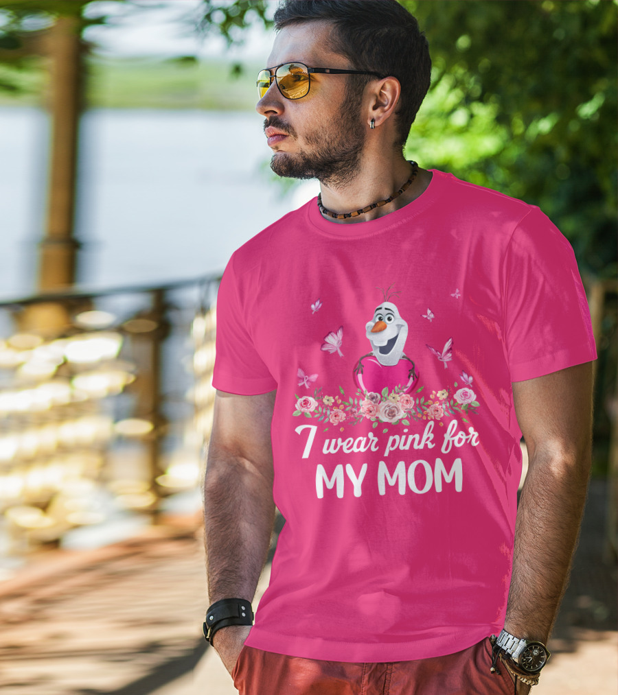 I Wear Pink For My Mom Olaf Roses Butterflies T-Shirt