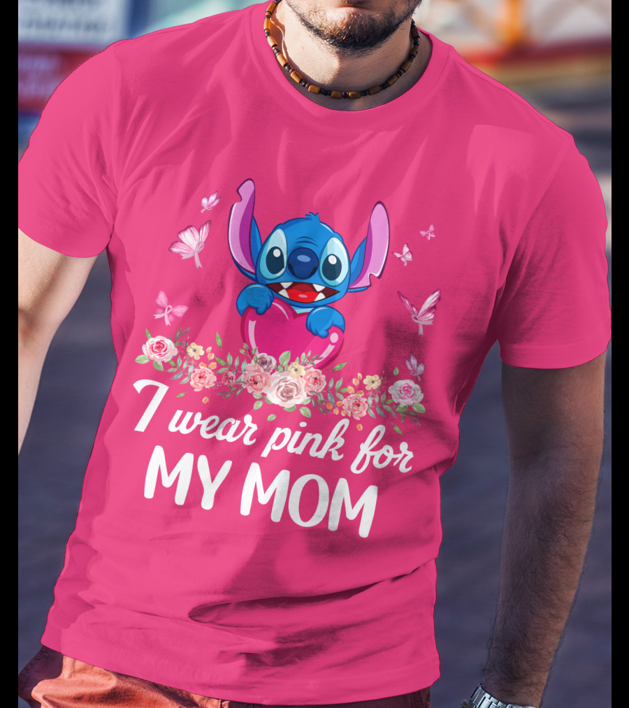 I Wear Pink For My Mom Stitch Floral Butterflies T-Shirt