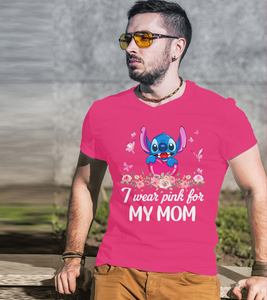 I Wear Pink For My Mom Stitch Floral Butterflies T-Shirt