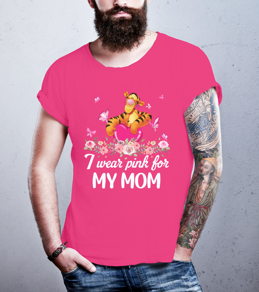 I Wear Pink For My Mom Tigger Butterfly Roses T-Shirt