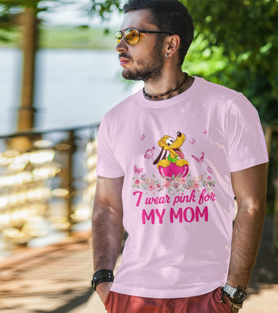 I Wear Pink For My Mom Pluto Floral Butterflies T-Shirt