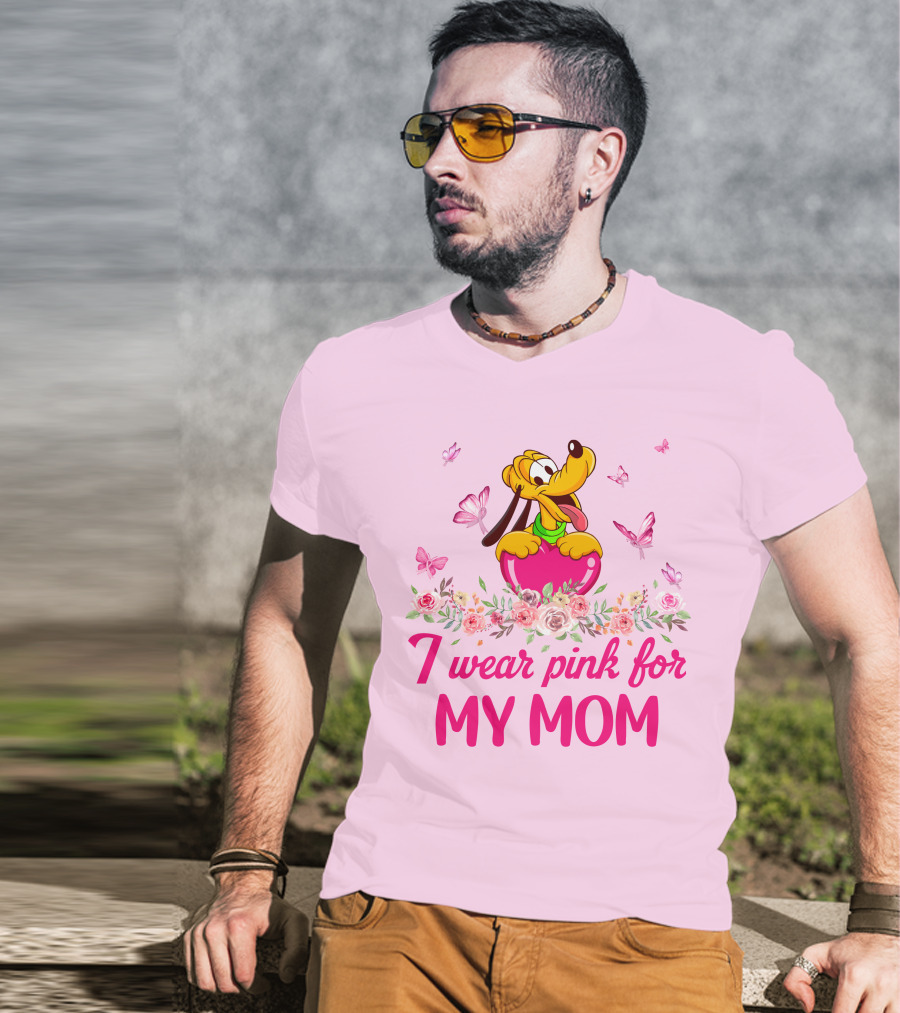 I Wear Pink For My Mom Pluto Floral Butterflies T-Shirt