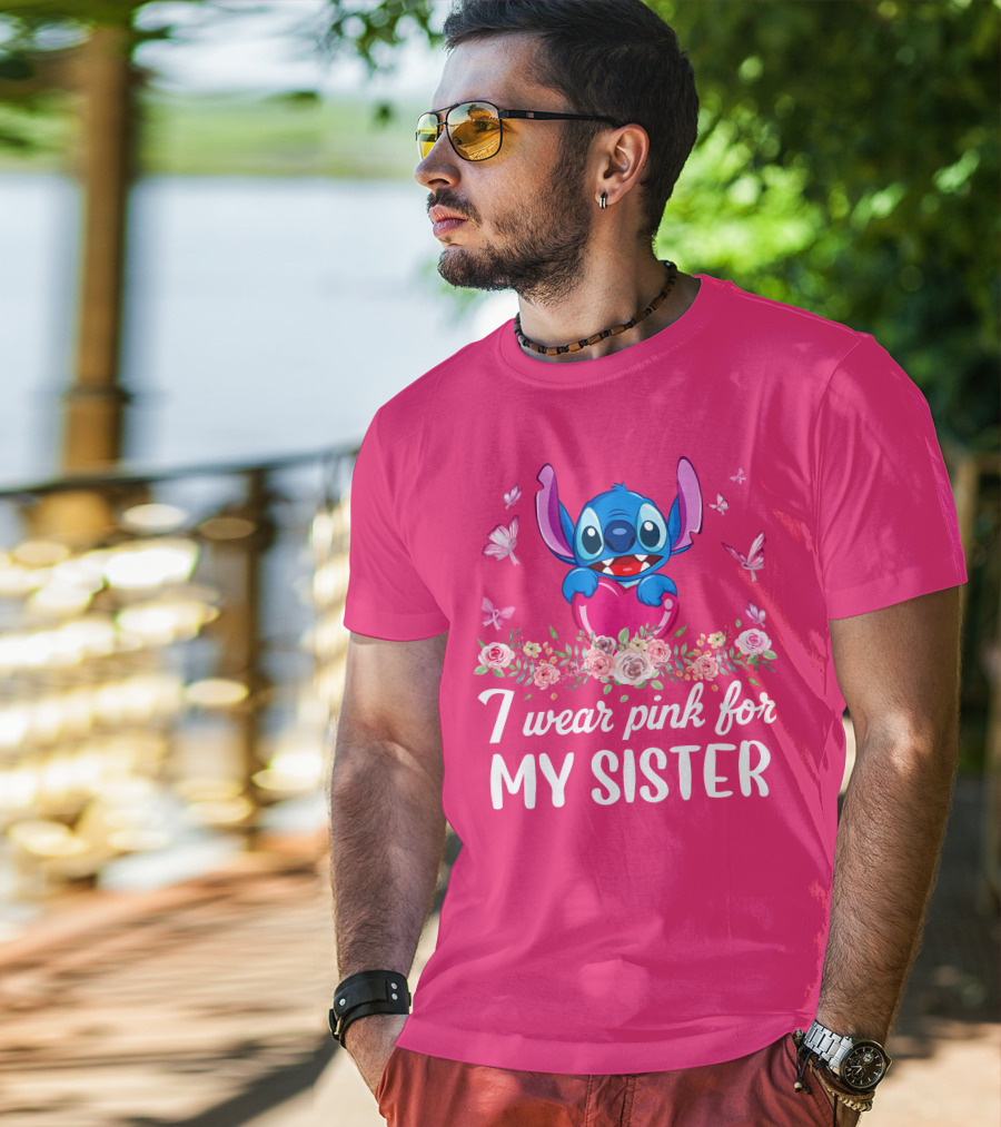 I Wear Pink For My Sister Stitch Butterfly Floral T-Shirt