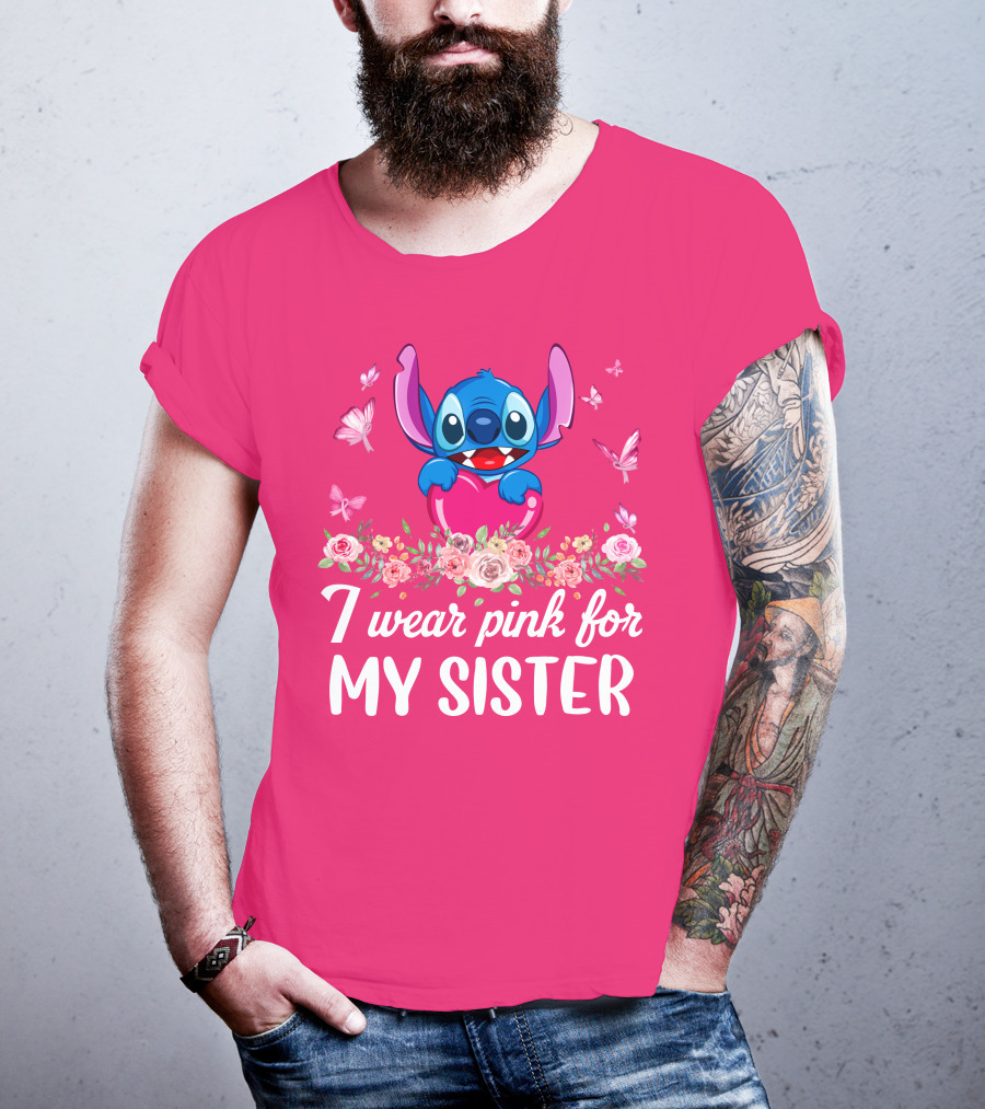 I Wear Pink For My Sister Stitch Butterfly Floral T-Shirt