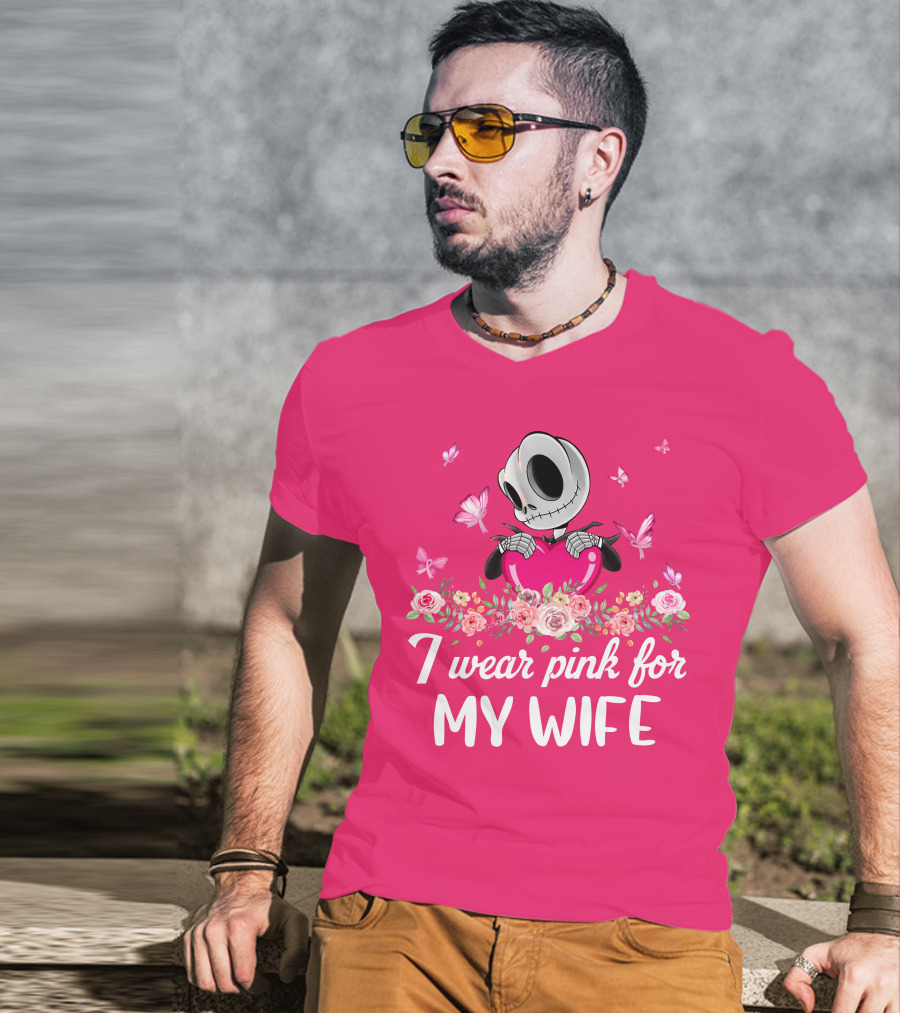I Wear Pink For My Wife Jack Skeleton Roses Butterflies T-Shirt