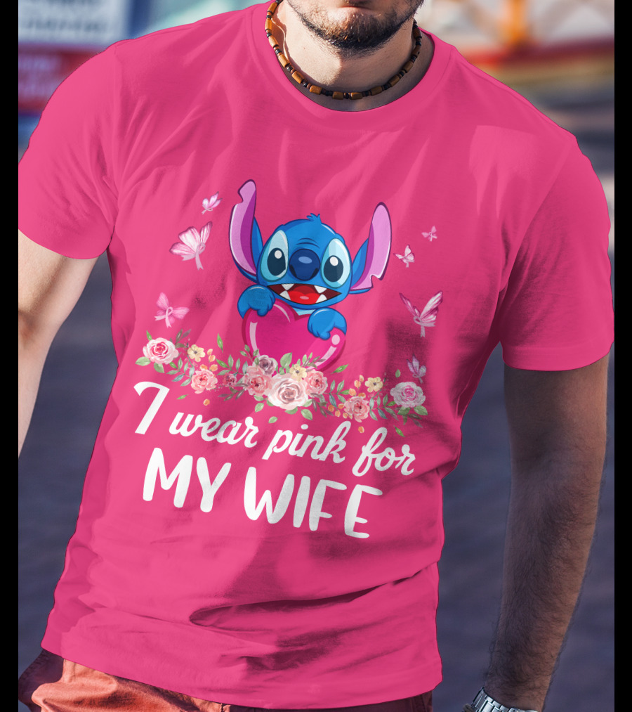Stitch I Wear Pink For My Wife Butterfly And Floral T-Shirt