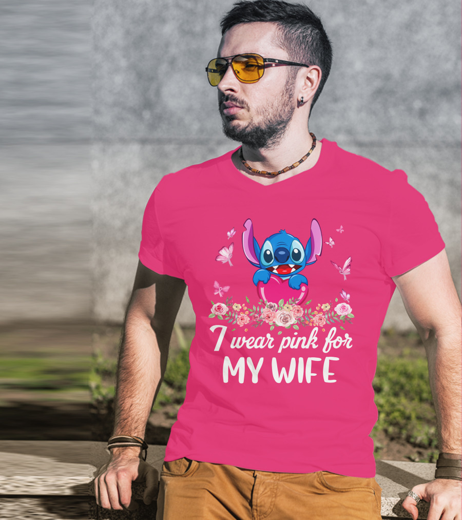 Stitch I Wear Pink For My Wife Butterfly And Floral T-Shirt