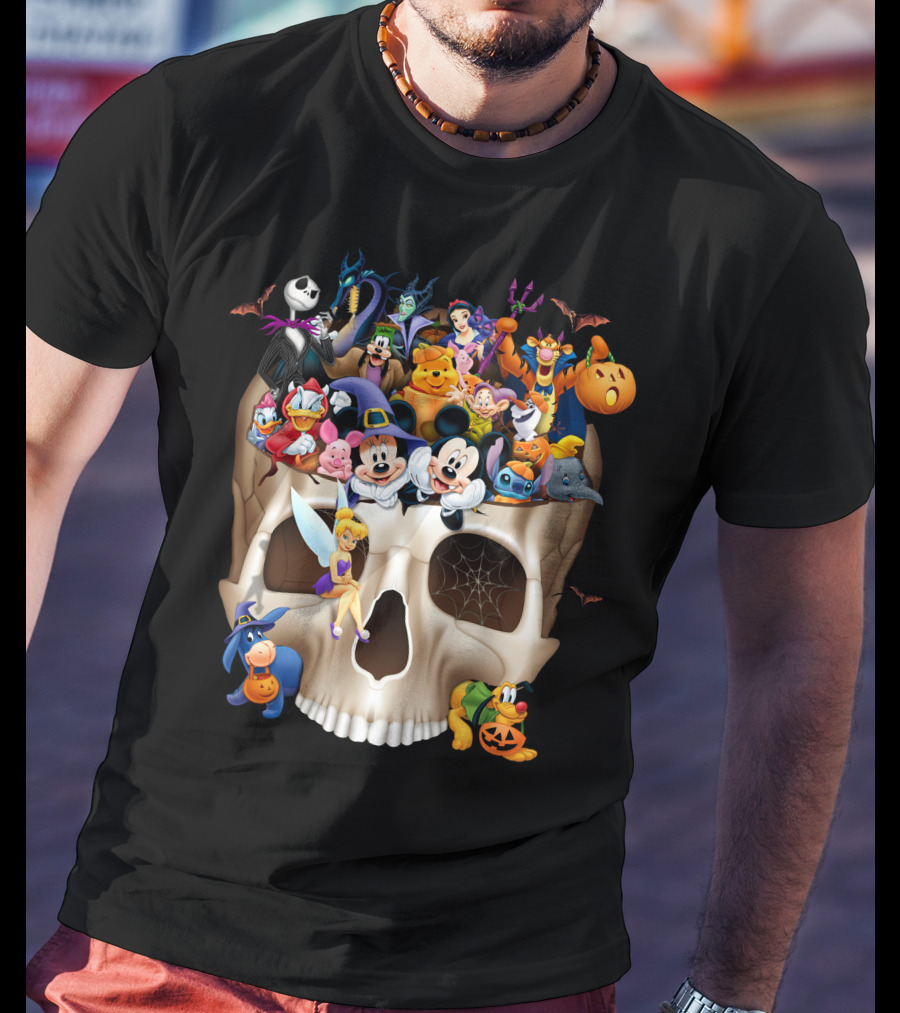 Disney Halloween Skull Characters Mickey Maleficent Jack Skellington Tinker Bell Stitch Donald Goofy T-Shirt
