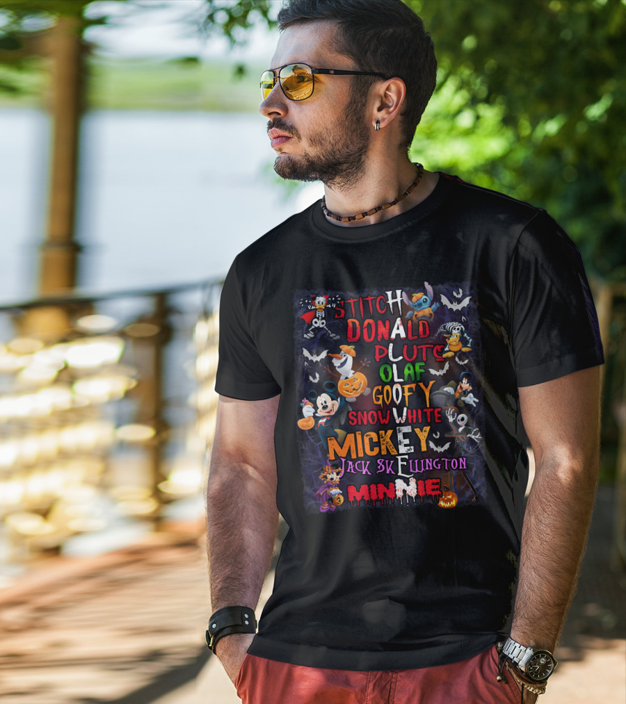 Stitch Donald Pluto Olaf Goofy Snow White Mickey Jack Skellington Minnie Halloween Disney Characters T-Shirt