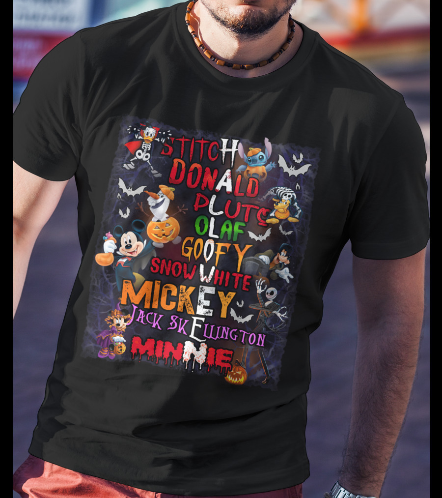 Stitch Donald Pluto Olaf Goofy Snow White Mickey Jack Skellington Minnie Halloween Disney Characters T-Shirt
