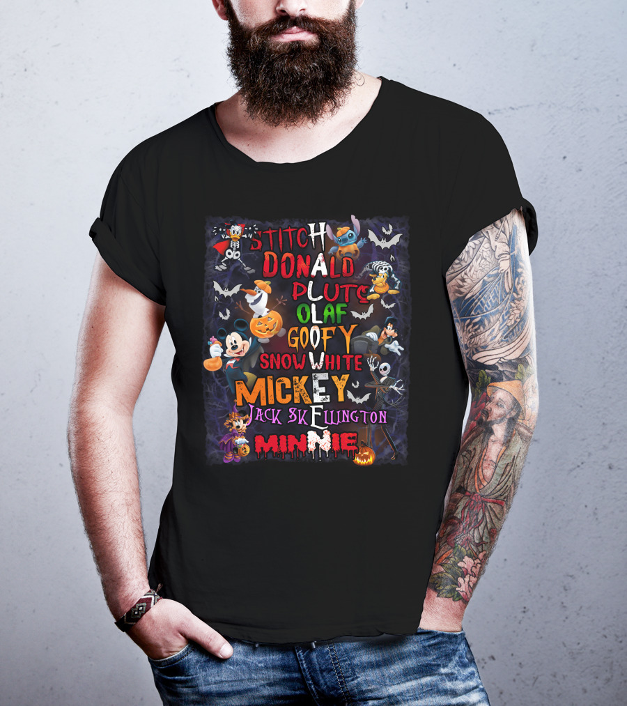 Stitch Donald Pluto Olaf Goofy Snow White Mickey Jack Skellington Minnie Halloween Disney Characters T-Shirt