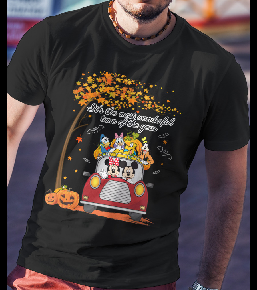It's The Most Wonderful Time Of The Year Halloween Disney Characters In Car With Pumpkins And Leaves T-Shirt