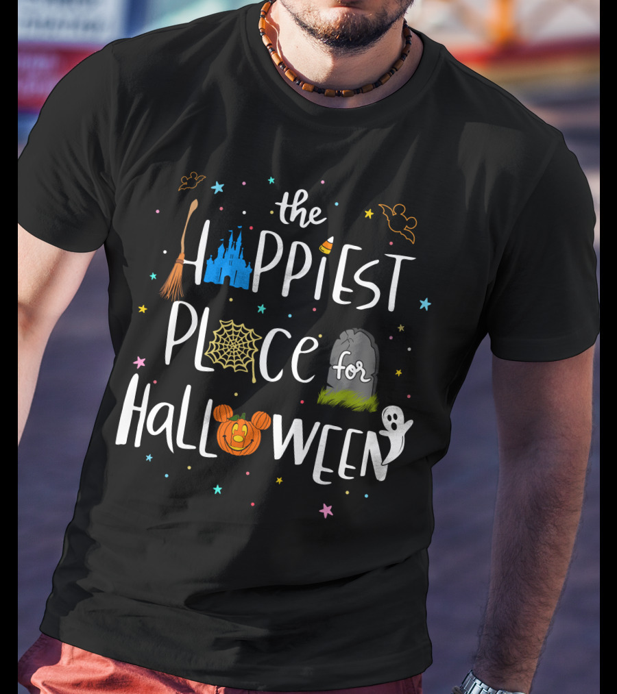 The Happiest Place For Halloween Spooky Castle Mickey Pumpkin Ghost Bats T-Shirt