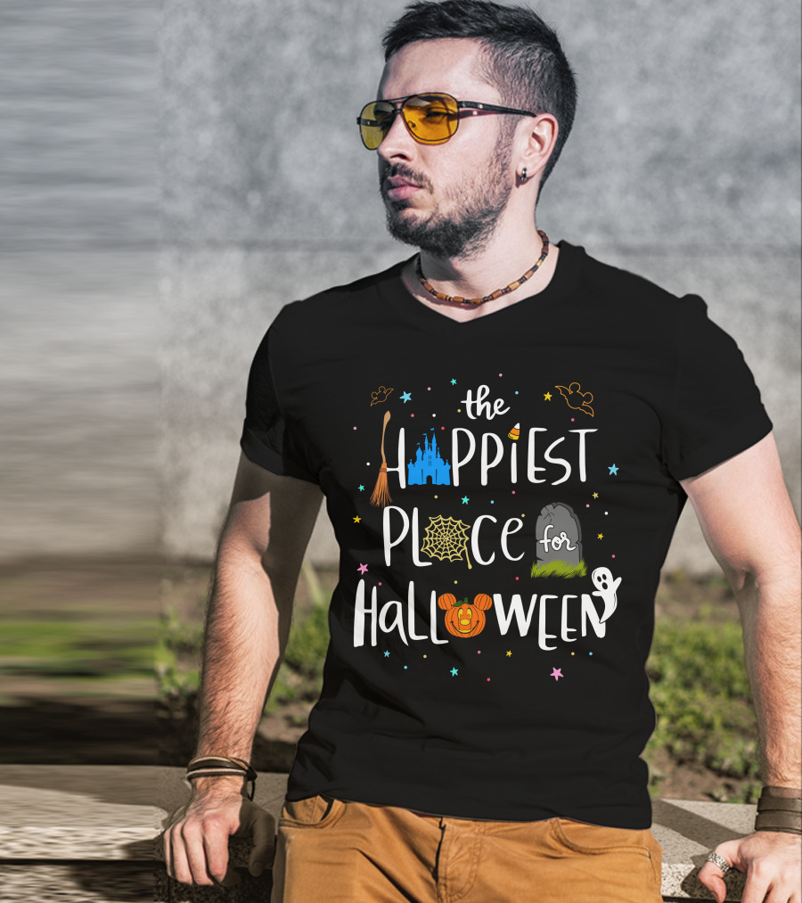 The Happiest Place For Halloween Spooky Castle Mickey Pumpkin Ghost Bats T-Shirt
