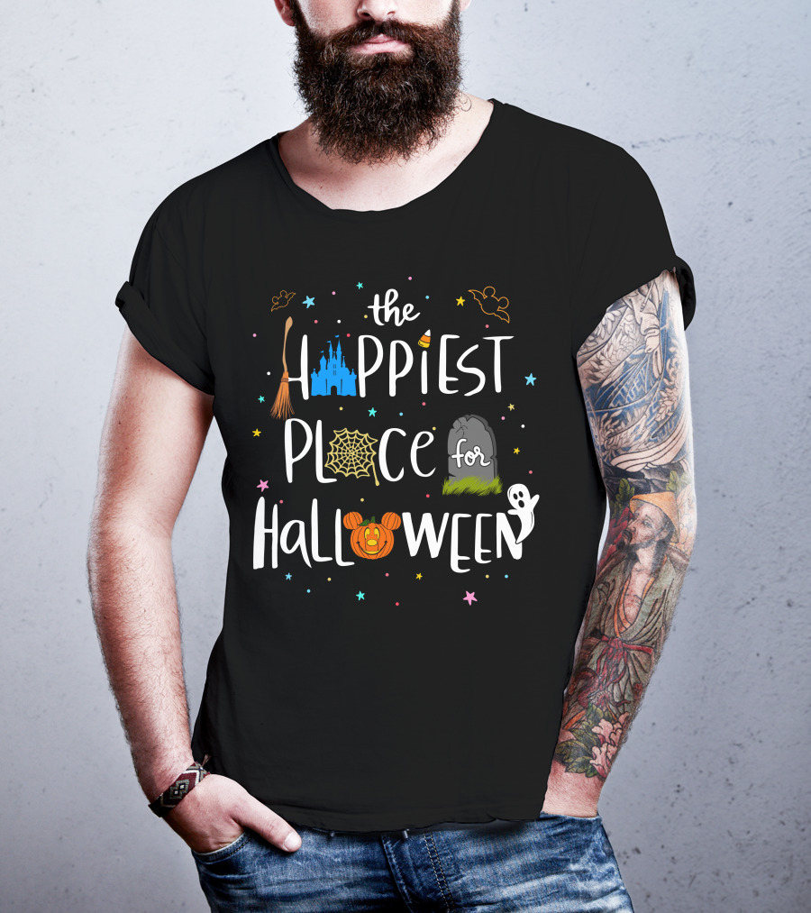 The Happiest Place For Halloween Spooky Castle Mickey Pumpkin Ghost Bats T-Shirt