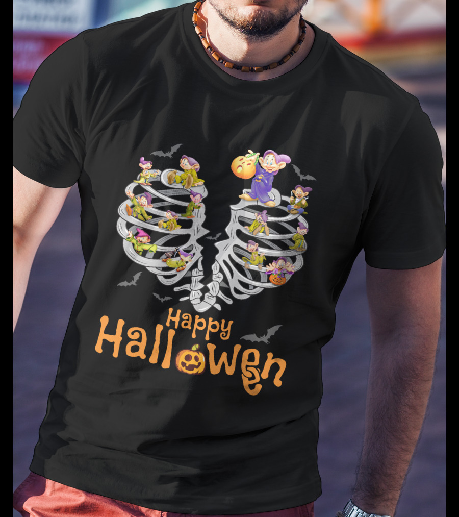 Happy Halloween Dopey Ribcage Bats And Pumpkins T-Shirt