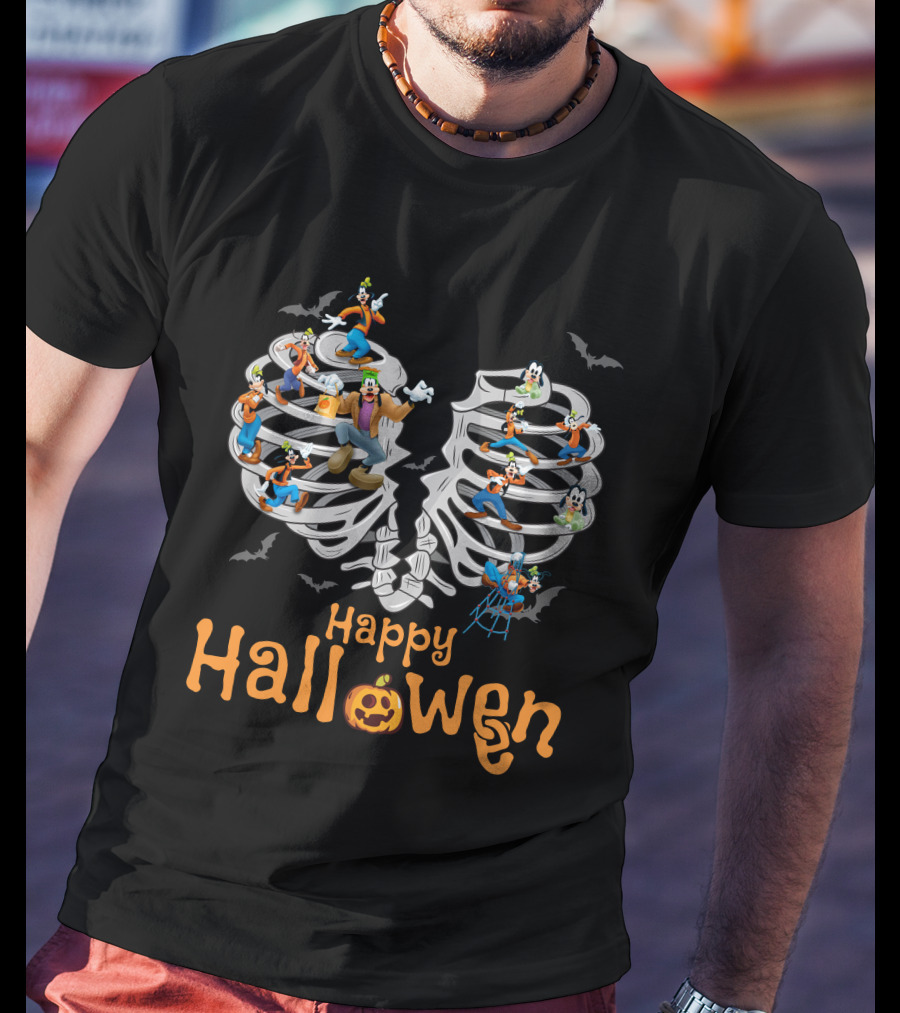 Happy Halloween Goofy Skeleton Ribcage Bats T-Shirt
