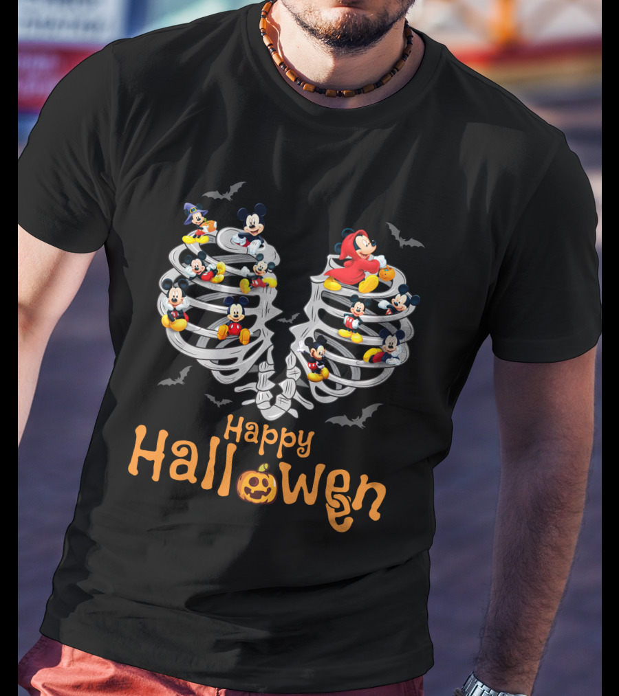 Happy Halloween Mickey Rib Skeleton Bats T-Shirt