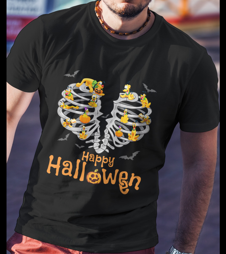 Happy Halloween Pluto Dog Skeleton Bats Pumpkin T-Shirt